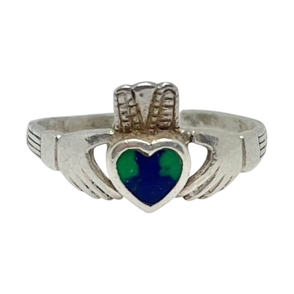 1970s Vintage Sterling Silver .925 & Blue Green Lapis Claddagh Ring, Size 7 - Picture 1 of 5